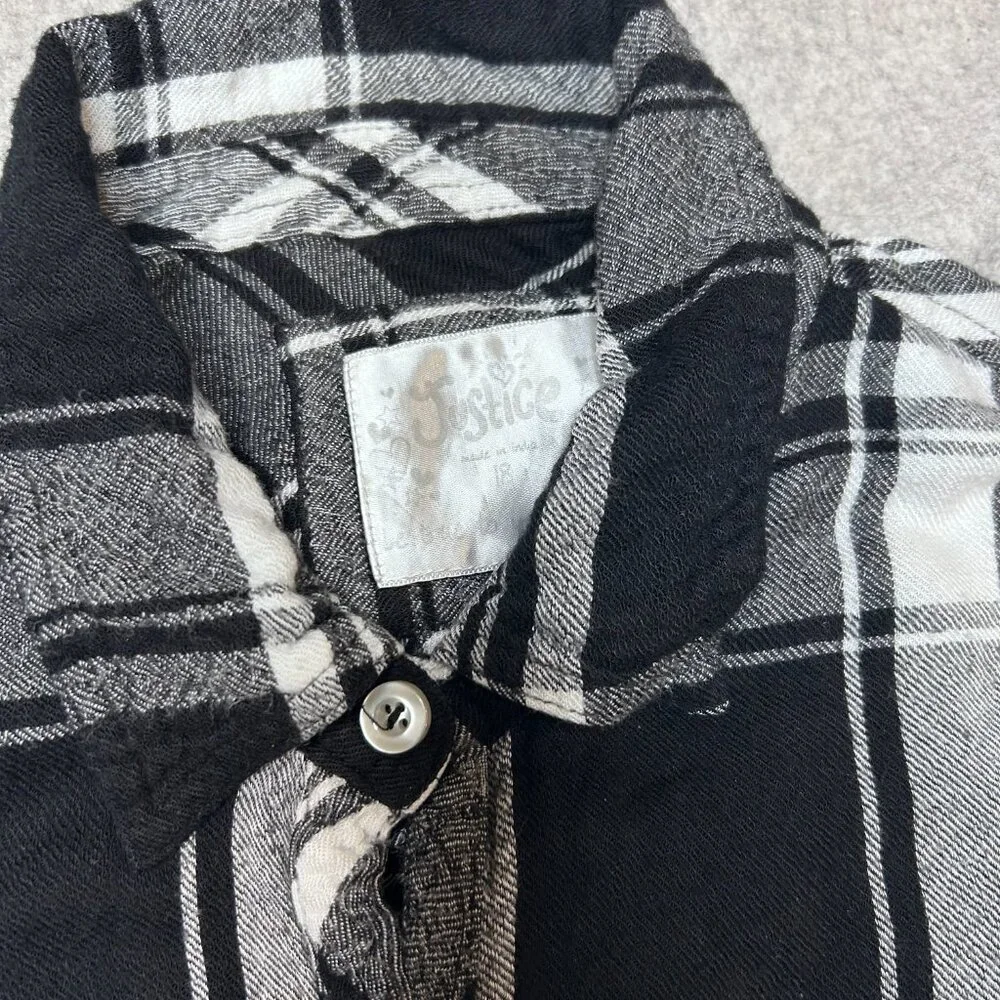 Justice Girls‎ Plaid Button Down Shirt Black White Flannel Long Sleeve Size 18
